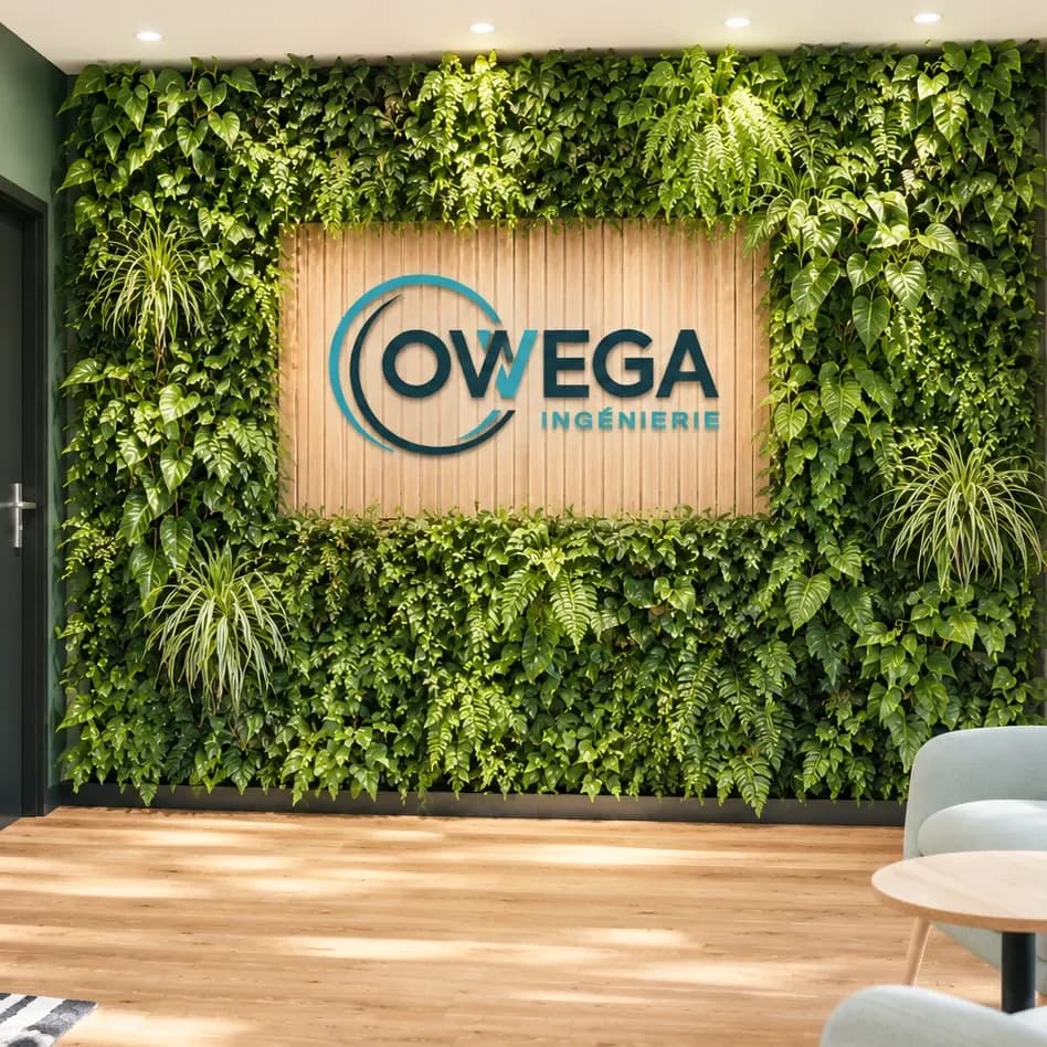 Logo OWEGA Ingénierie sur un mur végétal